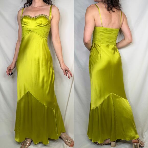 Adrianna Papell silk corset dress maxi gown long prom formal evening chartreuse - Picture 14 of 17